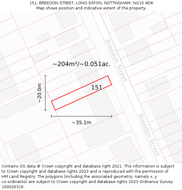 151, BREEDON STREET, LONG EATON, NOTTINGHAM, NG10 4EW: Plot and title map
