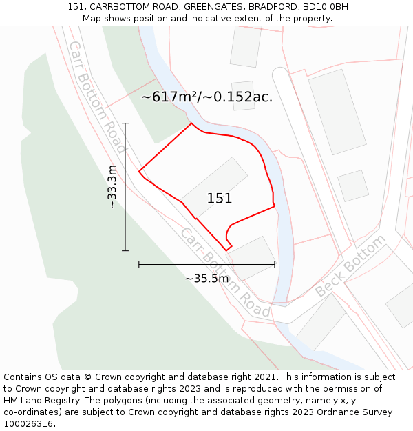 151, CARRBOTTOM ROAD, GREENGATES, BRADFORD, BD10 0BH: Plot and title map