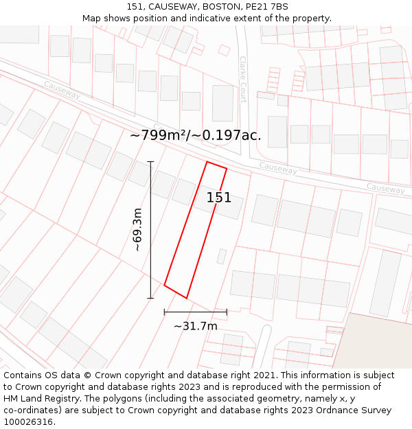 151, CAUSEWAY, BOSTON, PE21 7BS: Plot and title map