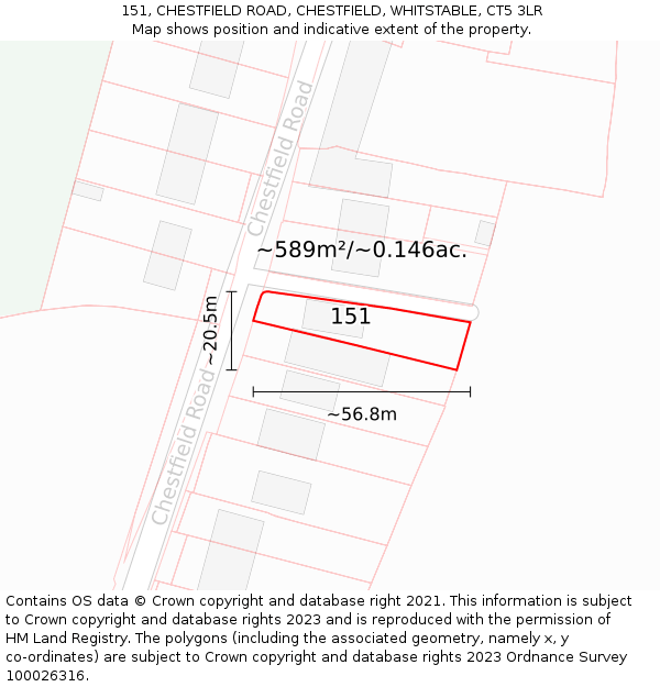 151, CHESTFIELD ROAD, CHESTFIELD, WHITSTABLE, CT5 3LR: Plot and title map