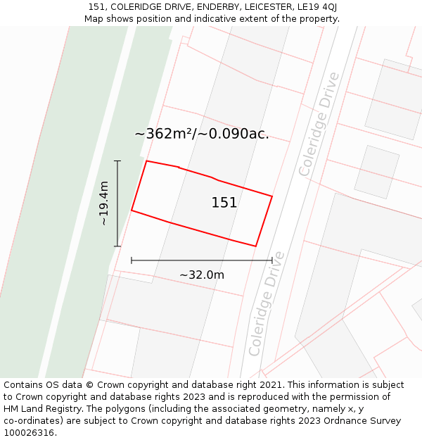 151, COLERIDGE DRIVE, ENDERBY, LEICESTER, LE19 4QJ: Plot and title map