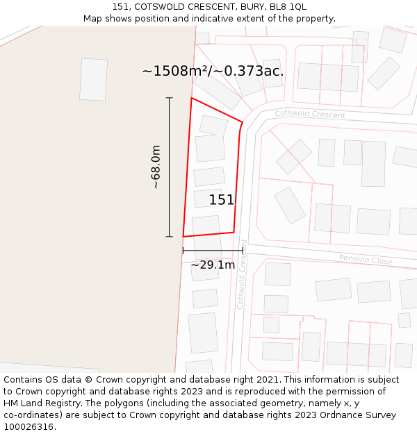 151, COTSWOLD CRESCENT, BURY, BL8 1QL: Plot and title map