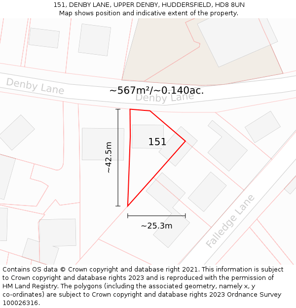 151, DENBY LANE, UPPER DENBY, HUDDERSFIELD, HD8 8UN: Plot and title map