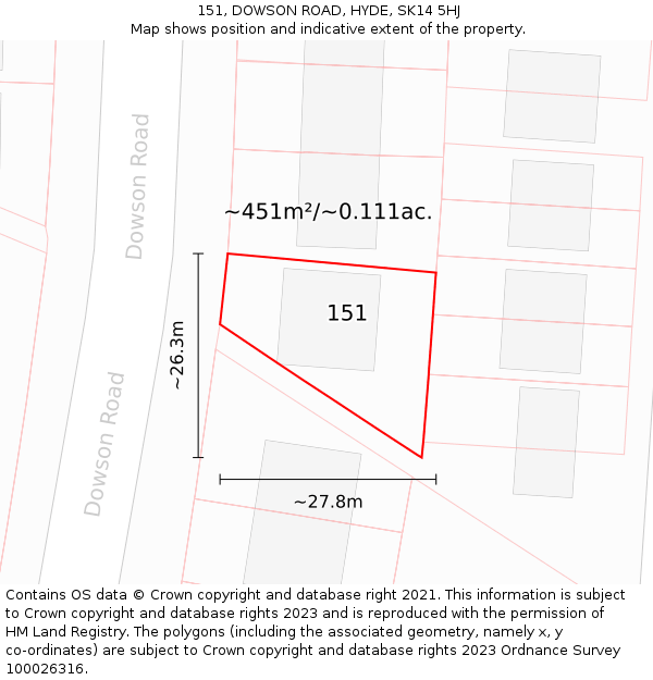151, DOWSON ROAD, HYDE, SK14 5HJ: Plot and title map