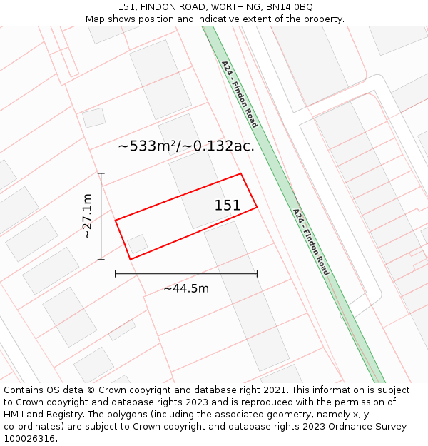 151, FINDON ROAD, WORTHING, BN14 0BQ: Plot and title map
