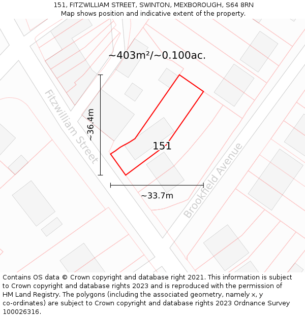 151, FITZWILLIAM STREET, SWINTON, MEXBOROUGH, S64 8RN: Plot and title map
