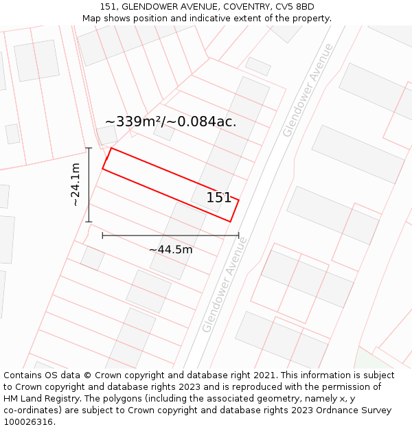 151, GLENDOWER AVENUE, COVENTRY, CV5 8BD: Plot and title map