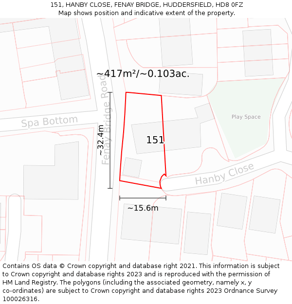 151, HANBY CLOSE, FENAY BRIDGE, HUDDERSFIELD, HD8 0FZ: Plot and title map