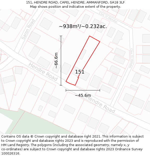 151, HENDRE ROAD, CAPEL HENDRE, AMMANFORD, SA18 3LF: Plot and title map