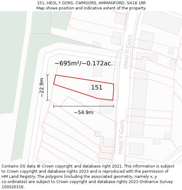 151, HEOL Y GORS, CWMGORS, AMMANFORD, SA18 1RR: Plot and title map