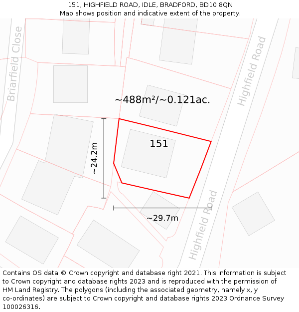 151, HIGHFIELD ROAD, IDLE, BRADFORD, BD10 8QN: Plot and title map
