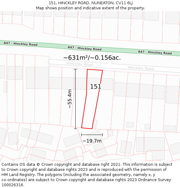 151, HINCKLEY ROAD, NUNEATON, CV11 6LJ: Plot and title map