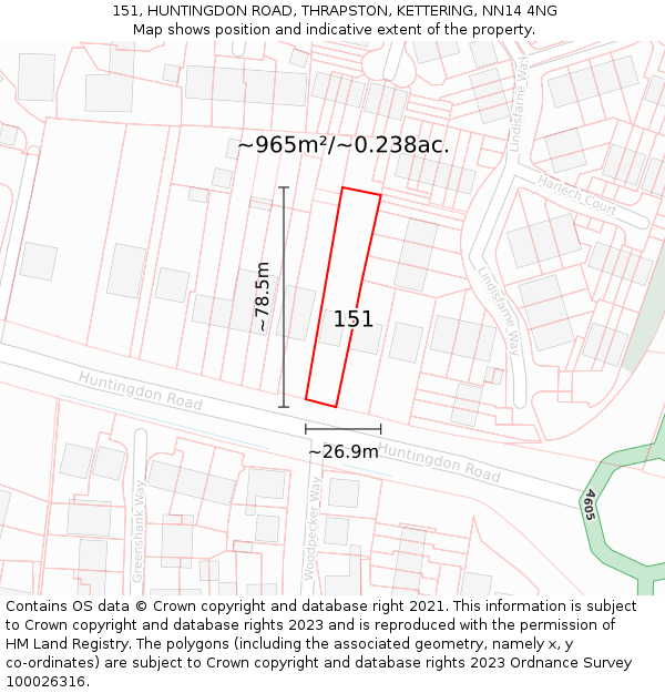 151, HUNTINGDON ROAD, THRAPSTON, KETTERING, NN14 4NG: Plot and title map