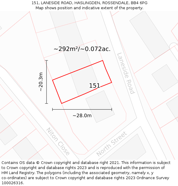 151, LANESIDE ROAD, HASLINGDEN, ROSSENDALE, BB4 6PG: Plot and title map