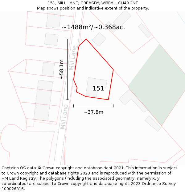 151, MILL LANE, GREASBY, WIRRAL, CH49 3NT: Plot and title map