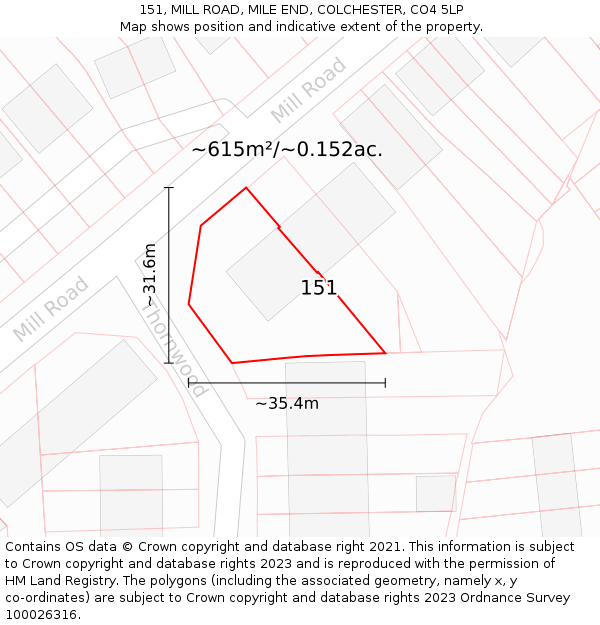 151, MILL ROAD, MILE END, COLCHESTER, CO4 5LP: Plot and title map