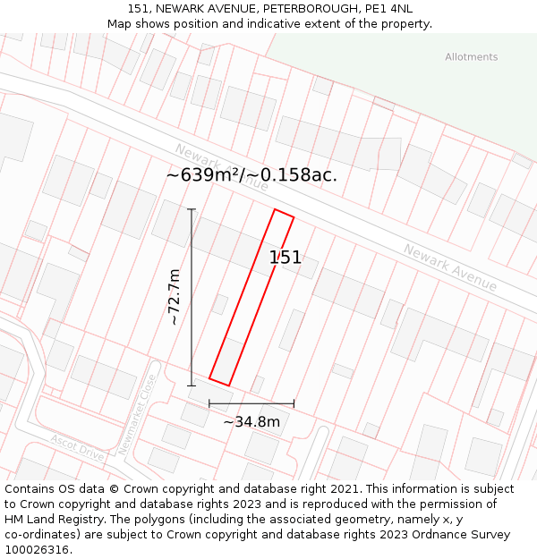 151, NEWARK AVENUE, PETERBOROUGH, PE1 4NL: Plot and title map