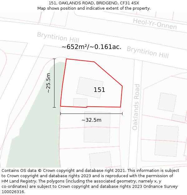 151, OAKLANDS ROAD, BRIDGEND, CF31 4SX: Plot and title map