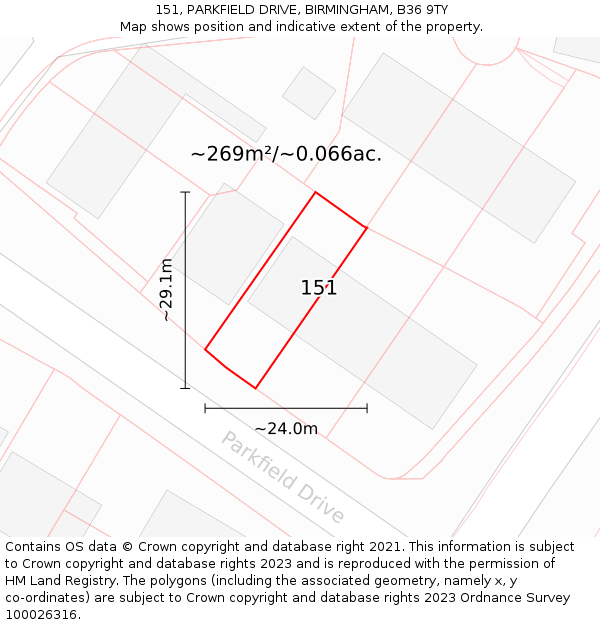 151, PARKFIELD DRIVE, BIRMINGHAM, B36 9TY: Plot and title map