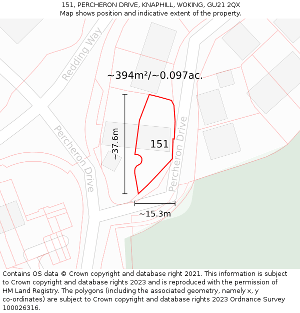 151, PERCHERON DRIVE, KNAPHILL, WOKING, GU21 2QX: Plot and title map