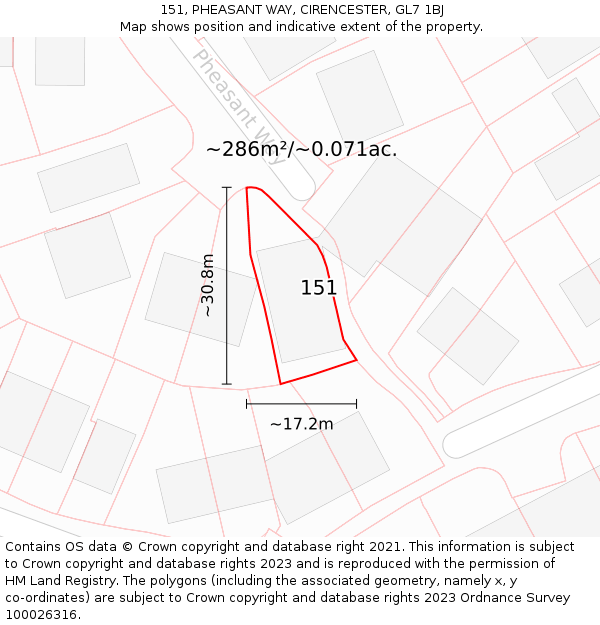 151, PHEASANT WAY, CIRENCESTER, GL7 1BJ: Plot and title map