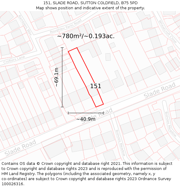 151, SLADE ROAD, SUTTON COLDFIELD, B75 5PD: Plot and title map