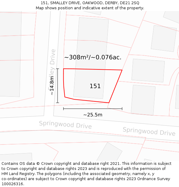 151, SMALLEY DRIVE, OAKWOOD, DERBY, DE21 2SQ: Plot and title map