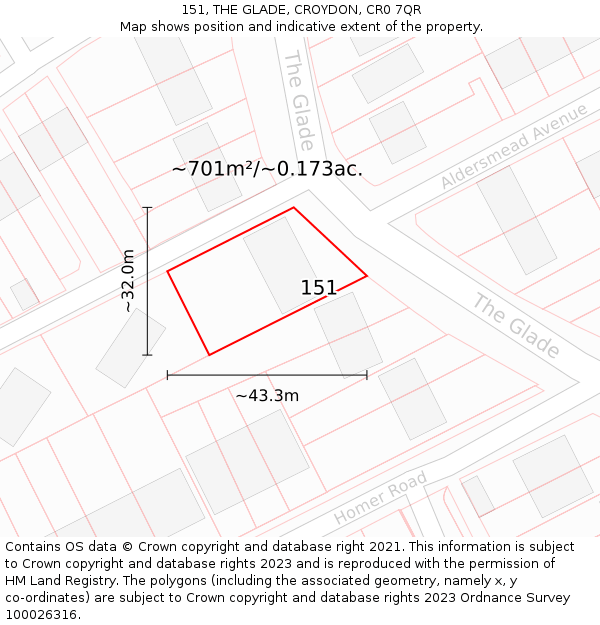 151, THE GLADE, CROYDON, CR0 7QR: Plot and title map