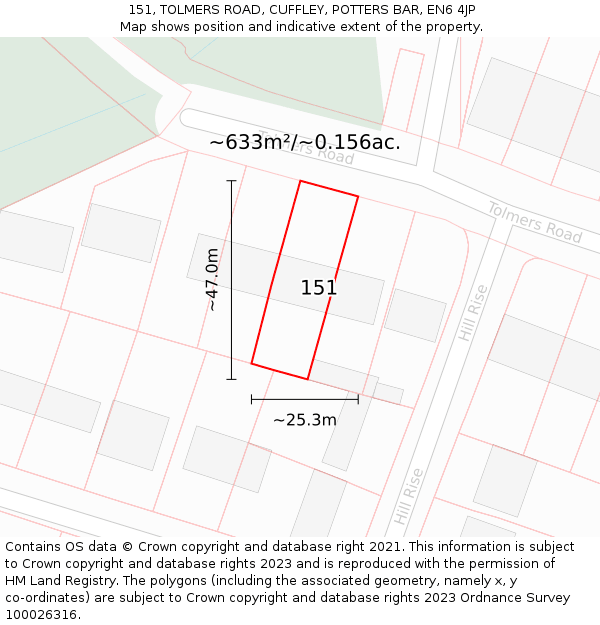 151, TOLMERS ROAD, CUFFLEY, POTTERS BAR, EN6 4JP: Plot and title map