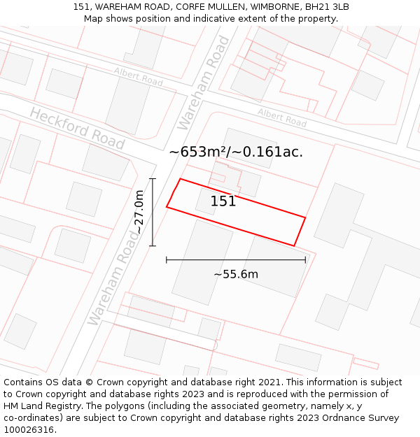 151, WAREHAM ROAD, CORFE MULLEN, WIMBORNE, BH21 3LB: Plot and title map