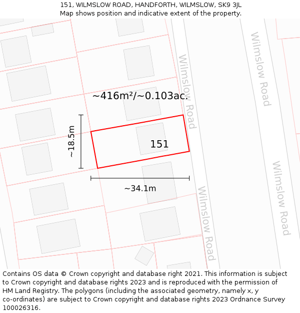 151, WILMSLOW ROAD, HANDFORTH, WILMSLOW, SK9 3JL: Plot and title map