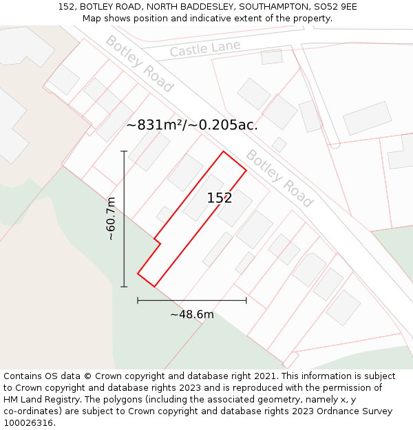 152, BOTLEY ROAD, NORTH BADDESLEY, SOUTHAMPTON, SO52 9EE: Plot and title map