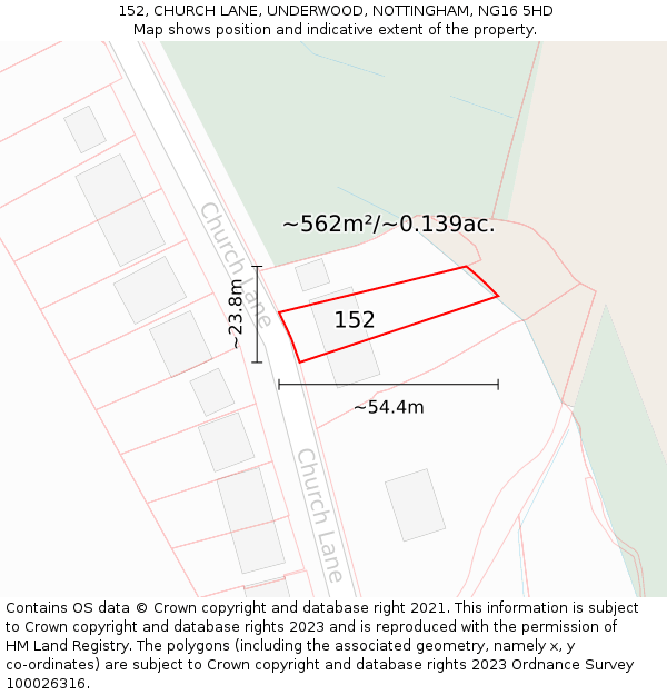 152, CHURCH LANE, UNDERWOOD, NOTTINGHAM, NG16 5HD: Plot and title map