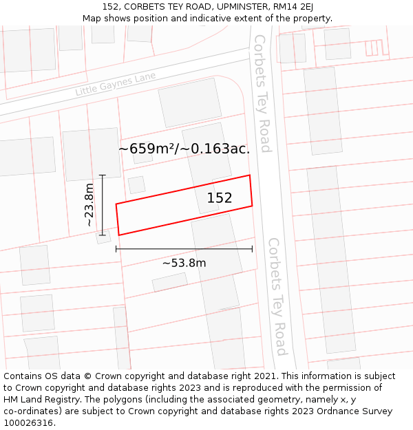 152, CORBETS TEY ROAD, UPMINSTER, RM14 2EJ: Plot and title map