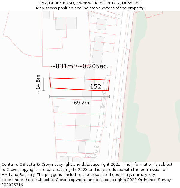 152, DERBY ROAD, SWANWICK, ALFRETON, DE55 1AD: Plot and title map