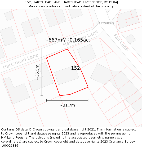 152, HARTSHEAD LANE, HARTSHEAD, LIVERSEDGE, WF15 8AJ: Plot and title map