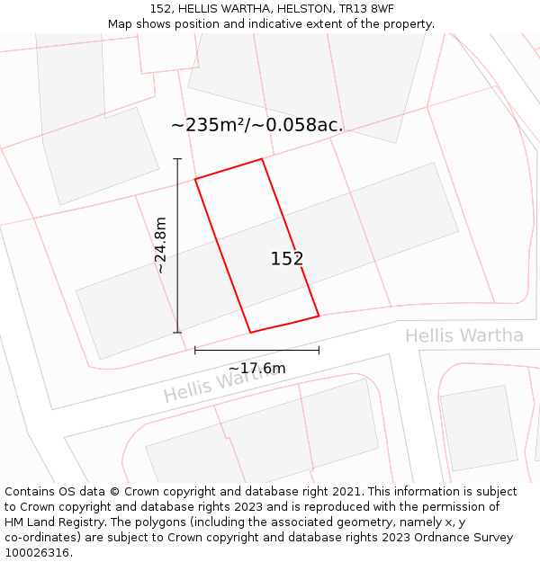 152, HELLIS WARTHA, HELSTON, TR13 8WF: Plot and title map