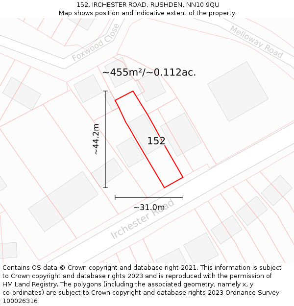 152, IRCHESTER ROAD, RUSHDEN, NN10 9QU: Plot and title map
