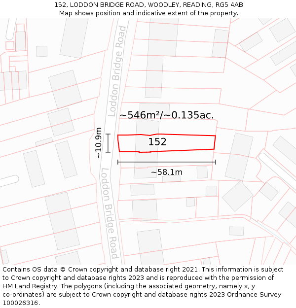 152, LODDON BRIDGE ROAD, WOODLEY, READING, RG5 4AB: Plot and title map