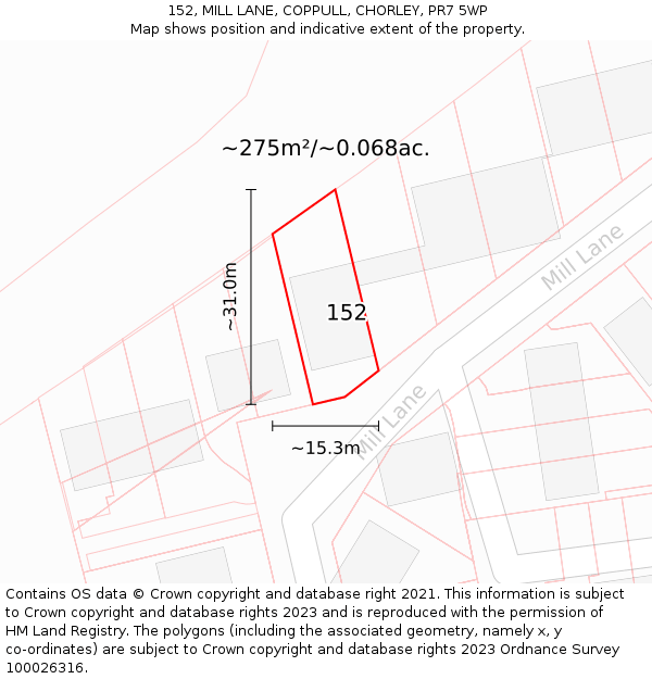 152, MILL LANE, COPPULL, CHORLEY, PR7 5WP: Plot and title map