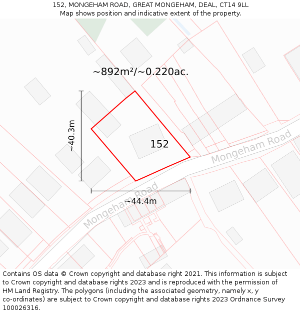 152, MONGEHAM ROAD, GREAT MONGEHAM, DEAL, CT14 9LL: Plot and title map