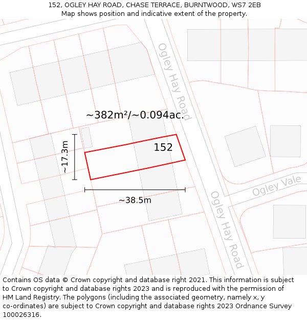 152, OGLEY HAY ROAD, CHASE TERRACE, BURNTWOOD, WS7 2EB: Plot and title map