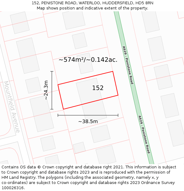 152, PENISTONE ROAD, WATERLOO, HUDDERSFIELD, HD5 8RN: Plot and title map