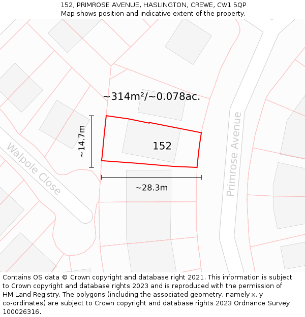 152, PRIMROSE AVENUE, HASLINGTON, CREWE, CW1 5QP: Plot and title map