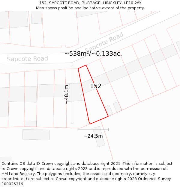152, SAPCOTE ROAD, BURBAGE, HINCKLEY, LE10 2AY: Plot and title map