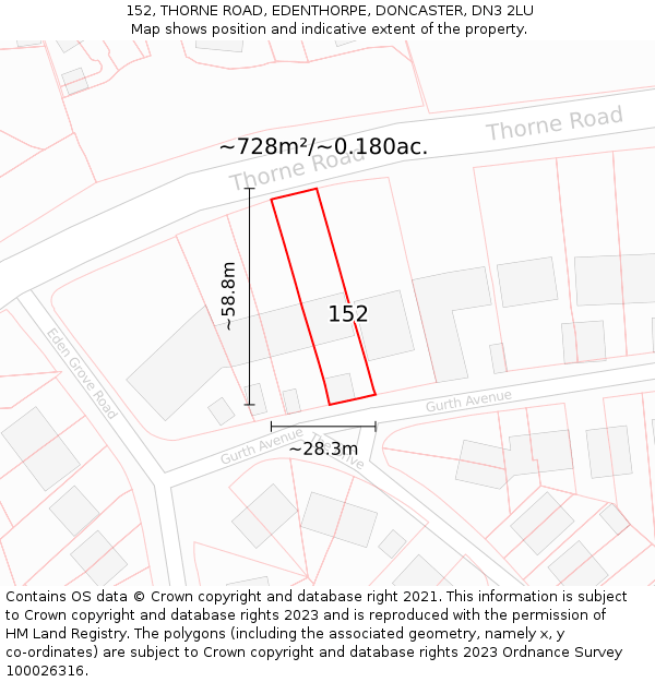 152, THORNE ROAD, EDENTHORPE, DONCASTER, DN3 2LU: Plot and title map