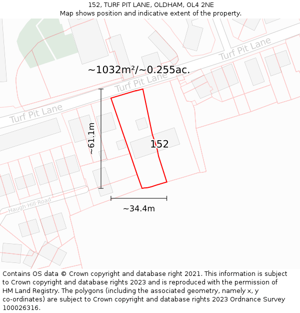 152, TURF PIT LANE, OLDHAM, OL4 2NE: Plot and title map