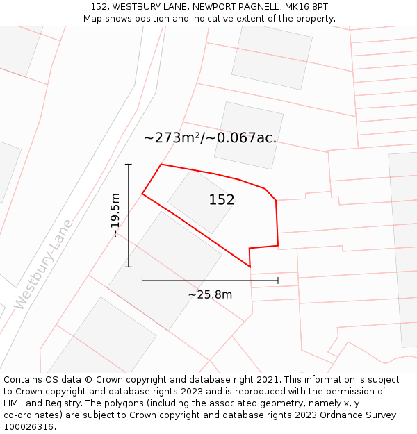 152, WESTBURY LANE, NEWPORT PAGNELL, MK16 8PT: Plot and title map