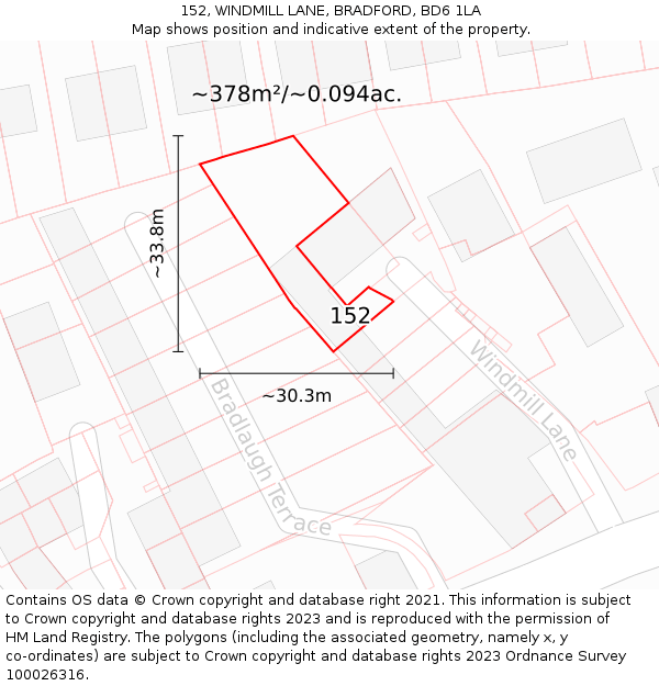 152, WINDMILL LANE, BRADFORD, BD6 1LA: Plot and title map