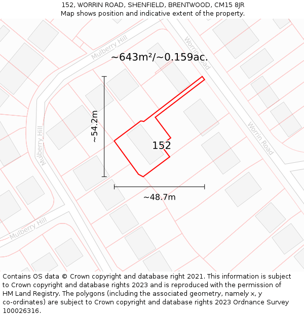 152, WORRIN ROAD, SHENFIELD, BRENTWOOD, CM15 8JR: Plot and title map